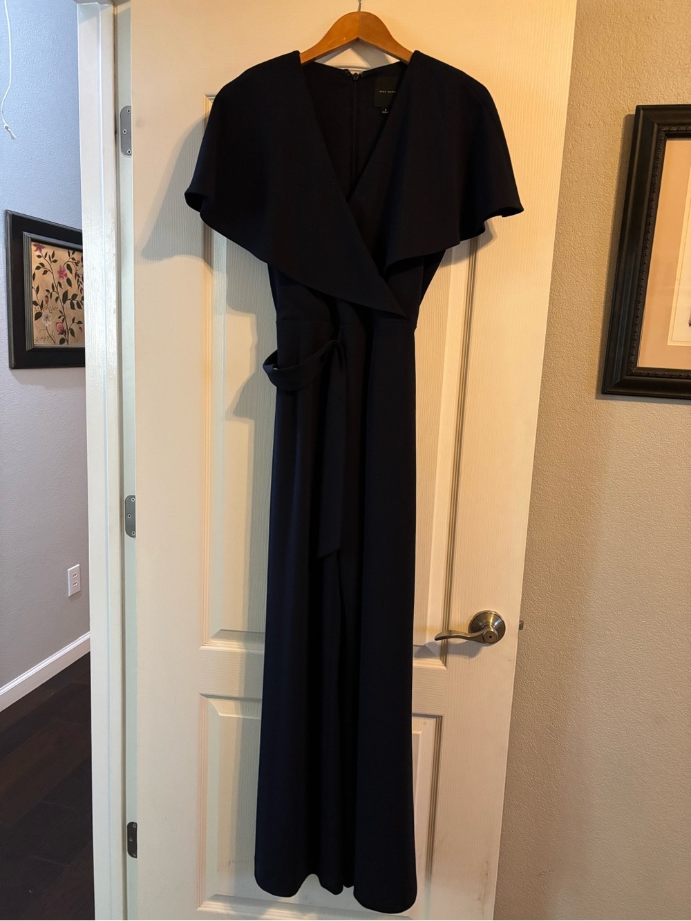 Alex Marie Navy Wrap Maxi Jumpsuit with Capelet size 6